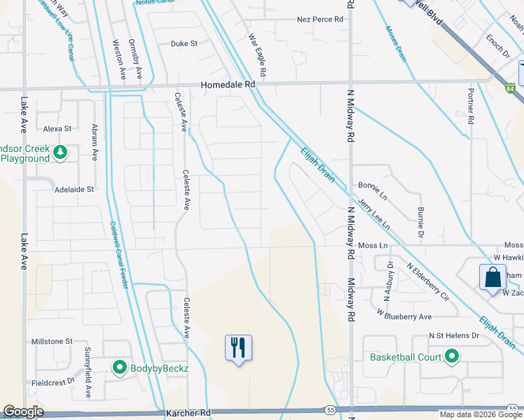 map of restaurants, bars, coffee shops, grocery stores, and more near 12360 Moss Lane in Nampa