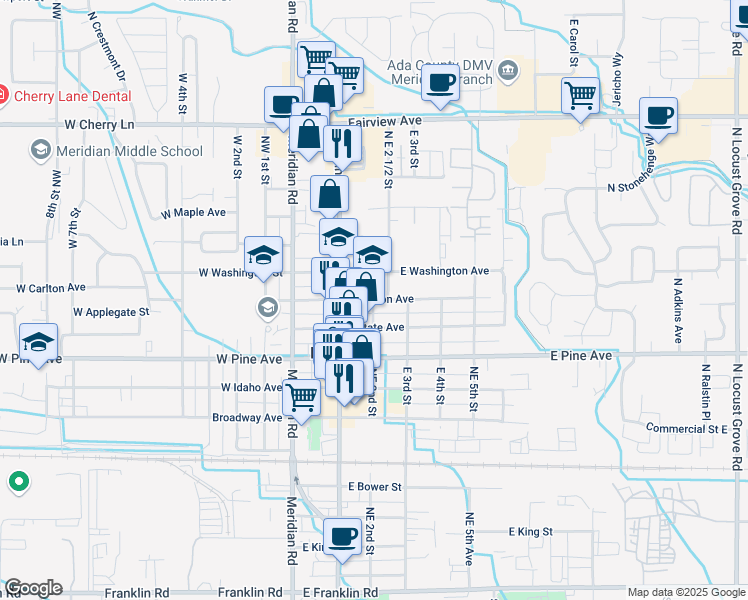 map of restaurants, bars, coffee shops, grocery stores, and more near 1272 East 2nd Street in Meridian