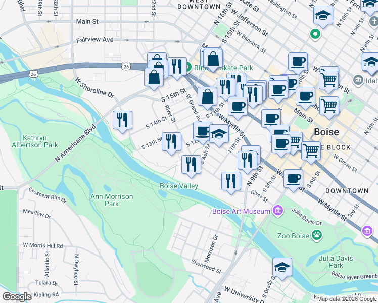 map of restaurants, bars, coffee shops, grocery stores, and more near 1187 West River Street in Boise