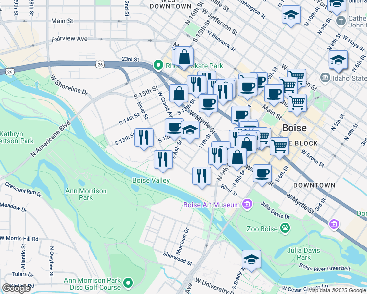 map of restaurants, bars, coffee shops, grocery stores, and more near 501 South Ash Street in Boise
