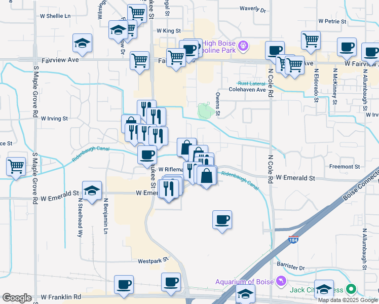 map of restaurants, bars, coffee shops, grocery stores, and more near 7951 West Preece Drive in Boise