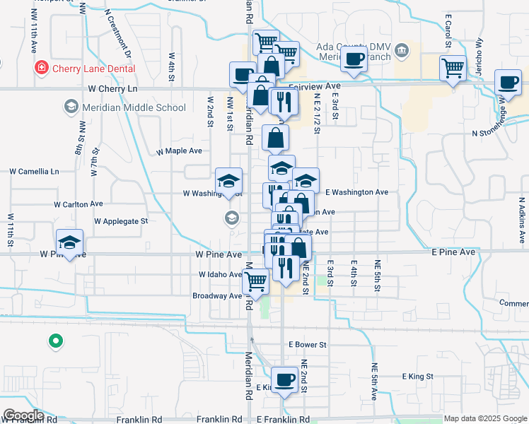 map of restaurants, bars, coffee shops, grocery stores, and more near 48 East Carlton Avenue in Meridian