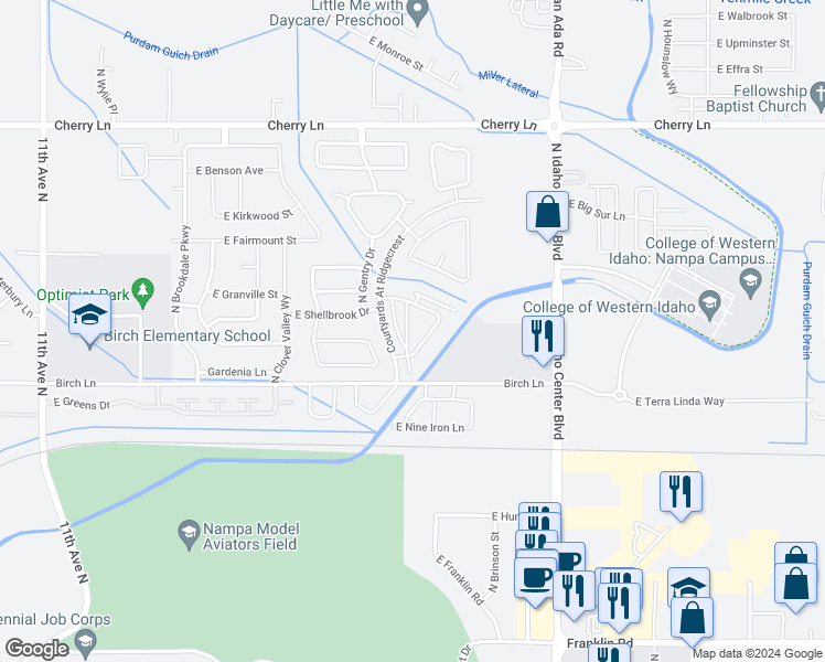 map of restaurants, bars, coffee shops, grocery stores, and more near 16575 North Investor Loop in Nampa