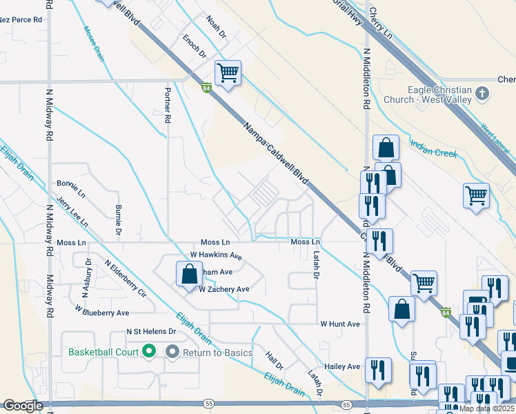map of restaurants, bars, coffee shops, grocery stores, and more near 11399 West Pamelas Lane in Nampa