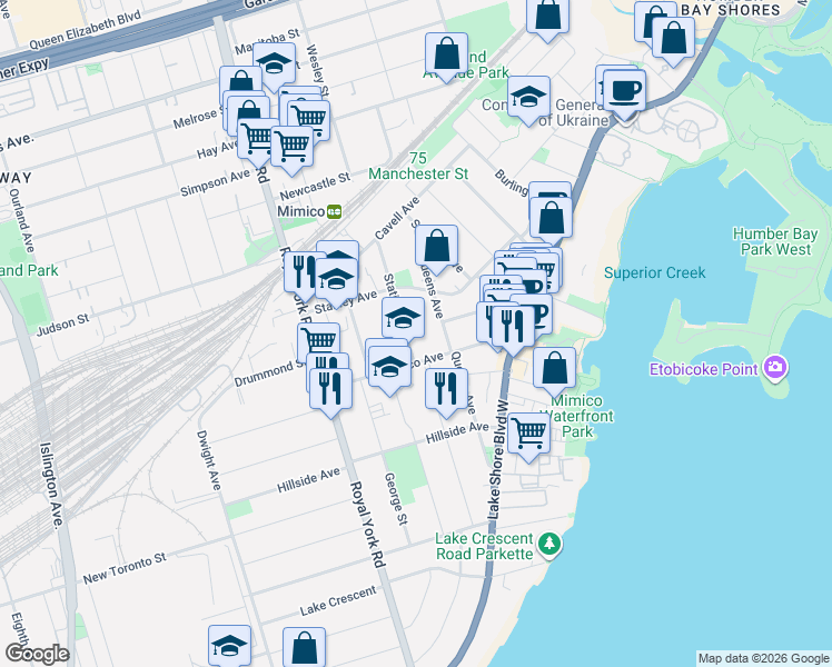 map of restaurants, bars, coffee shops, grocery stores, and more near in Toronto