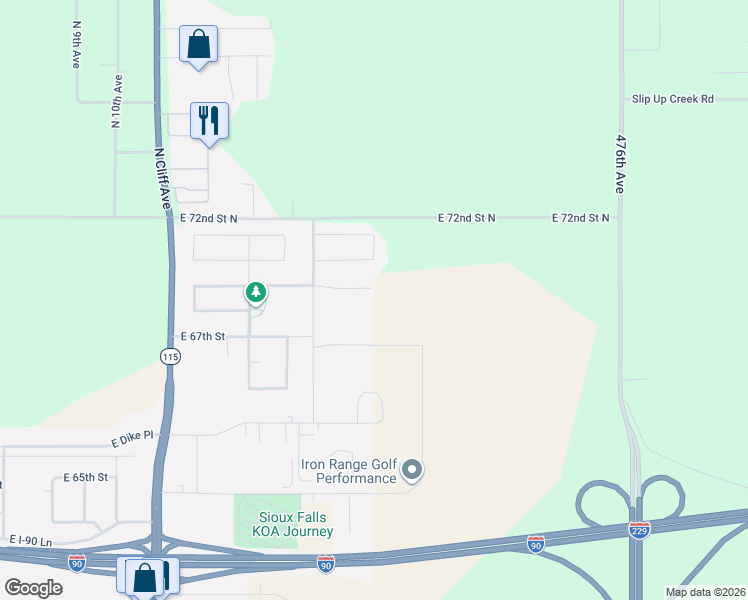 map of restaurants, bars, coffee shops, grocery stores, and more near 1700 East 72nd Street North in Sioux Falls