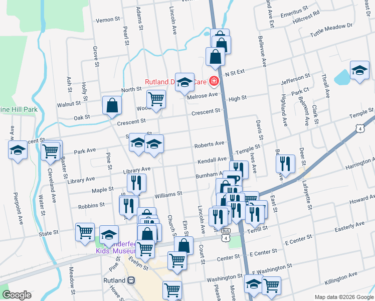 map of restaurants, bars, coffee shops, grocery stores, and more near 69 Lincoln Avenue in Rutland