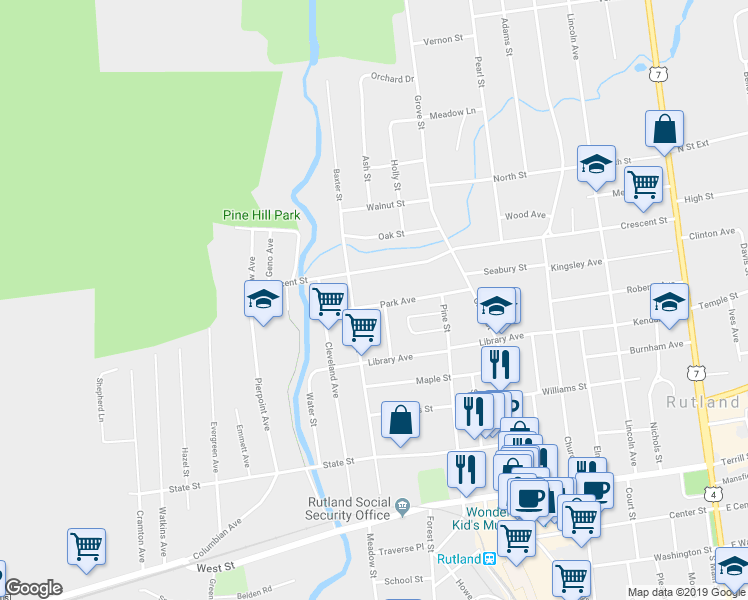 map of restaurants, bars, coffee shops, grocery stores, and more near 125 Park Avenue in Rutland