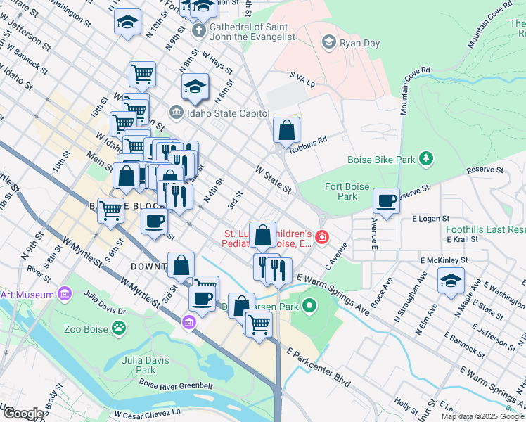 map of restaurants, bars, coffee shops, grocery stores, and more near 330 North 2nd Street in Boise