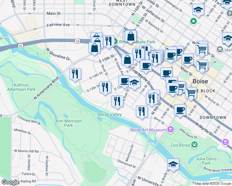 map of restaurants, bars, coffee shops, grocery stores, and more near 1187 West River Street in Boise