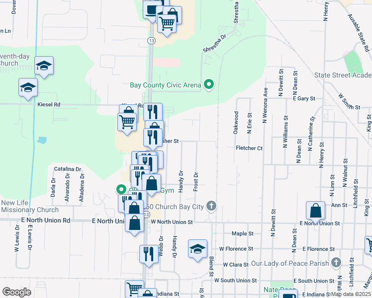 map of restaurants, bars, coffee shops, grocery stores, and more near 1805 Mosher Street in Bay City