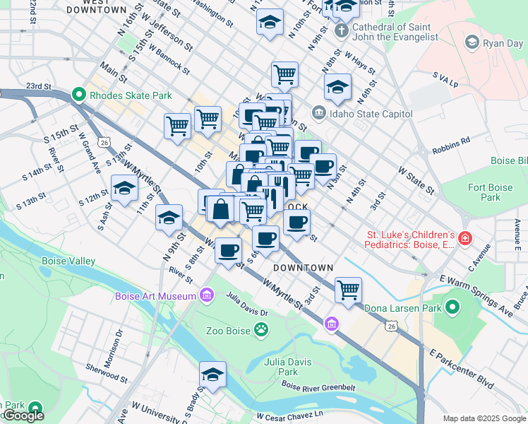 map of restaurants, bars, coffee shops, grocery stores, and more near 619 West Grove Street in Boise