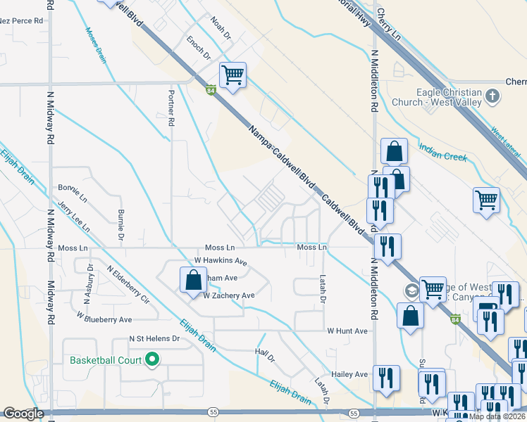 map of restaurants, bars, coffee shops, grocery stores, and more near 11399 West Pamelas Lane in Nampa