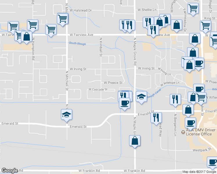 map of restaurants, bars, coffee shops, grocery stores, and more near 9302 West Cascade Street in Boise