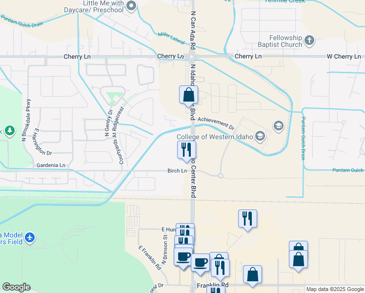 map of restaurants, bars, coffee shops, grocery stores, and more near 6042 Birch Lane in Nampa