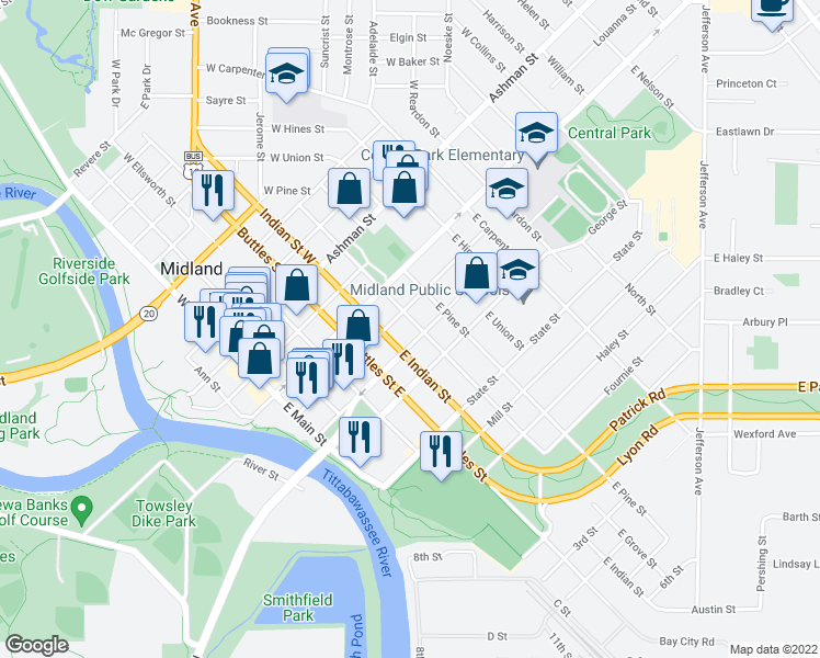 map of restaurants, bars, coffee shops, grocery stores, and more near 414 East Grove Street in Midland