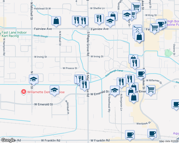 map of restaurants, bars, coffee shops, grocery stores, and more near 982 North Maple Grove Road in Boise