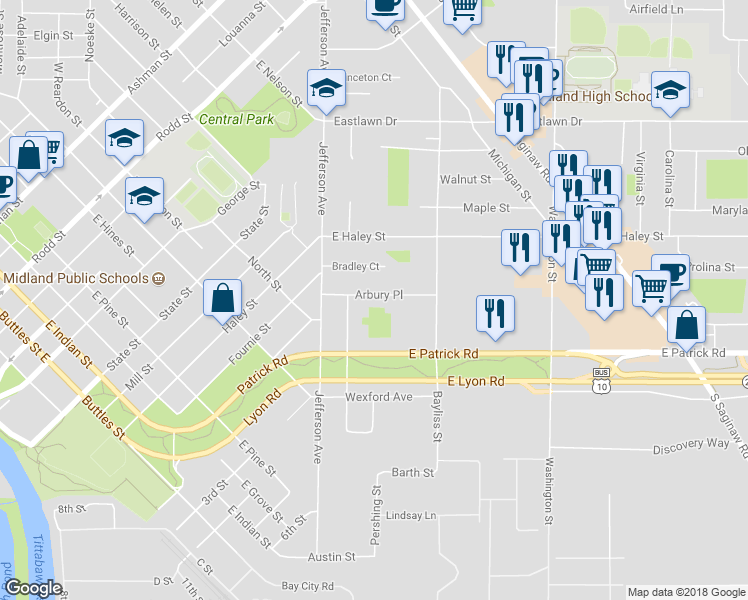 map of restaurants, bars, coffee shops, grocery stores, and more near 224 Arbury Place in Midland