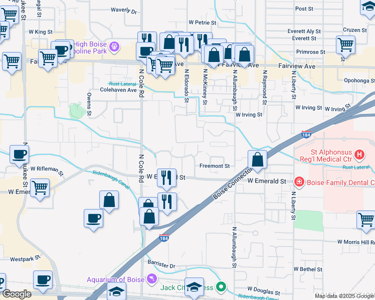 map of restaurants, bars, coffee shops, grocery stores, and more near 1021 Camelot Drive in Boise