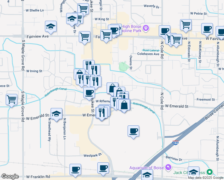 map of restaurants, bars, coffee shops, grocery stores, and more near 7951 West Preece Drive in Boise