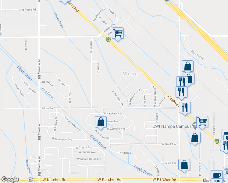 map of restaurants, bars, coffee shops, grocery stores, and more near 16707 North Pamelas Loop in Nampa