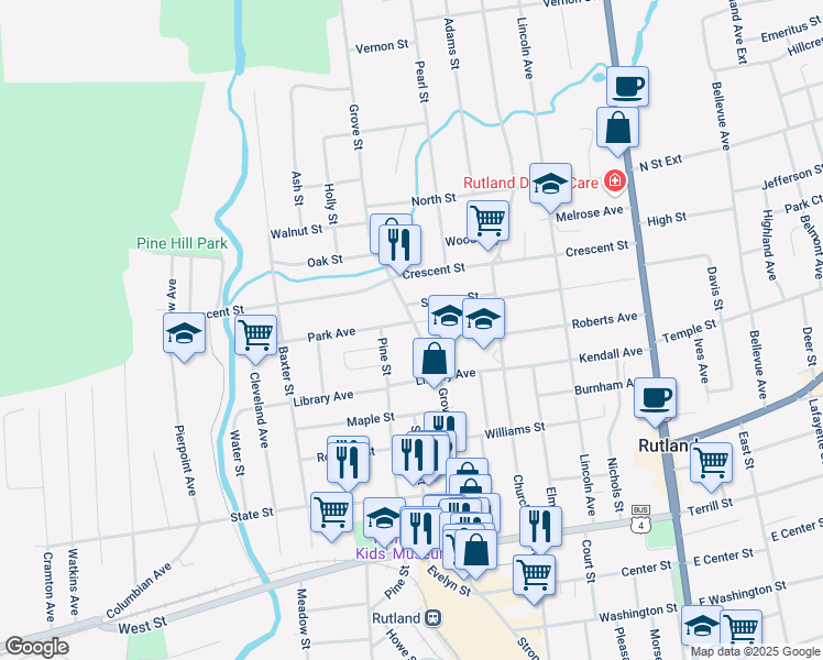 map of restaurants, bars, coffee shops, grocery stores, and more near 125 Grove Street in Rutland