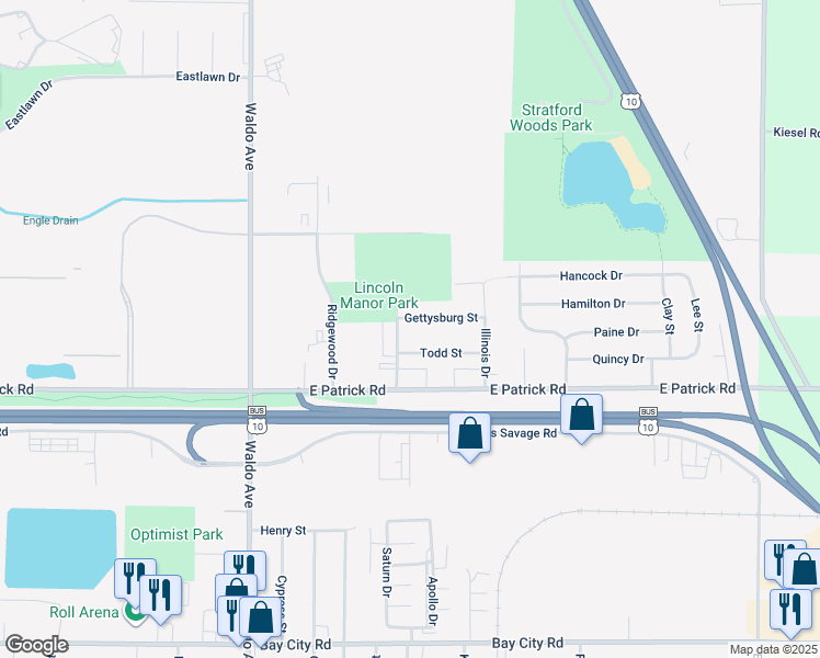 map of restaurants, bars, coffee shops, grocery stores, and more near 3800 Gettysburg Street in Midland