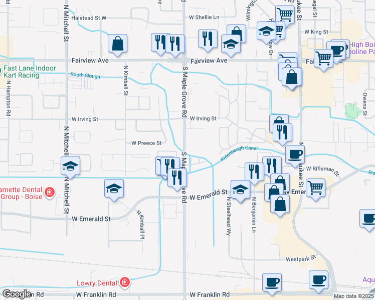 map of restaurants, bars, coffee shops, grocery stores, and more near 946 North Maple Grove Road in Boise