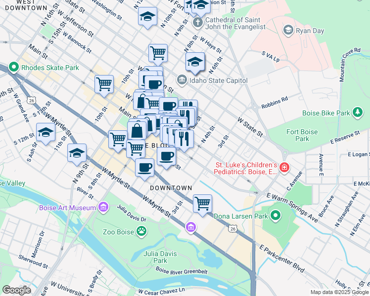 map of restaurants, bars, coffee shops, grocery stores, and more near 420 West Main Street in Boise