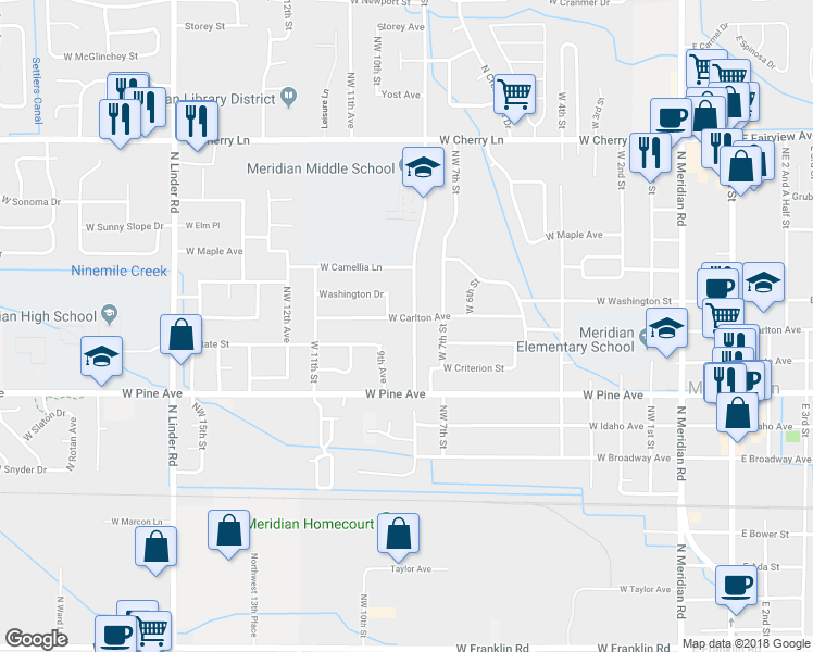 map of restaurants, bars, coffee shops, grocery stores, and more near 1041 West 8th Street in Meridian