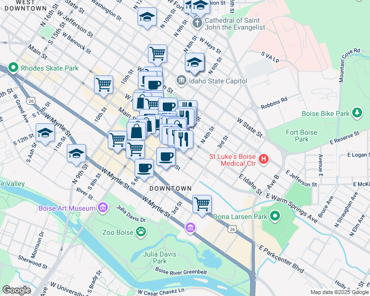 map of restaurants, bars, coffee shops, grocery stores, and more near 420 West Main Street in Boise