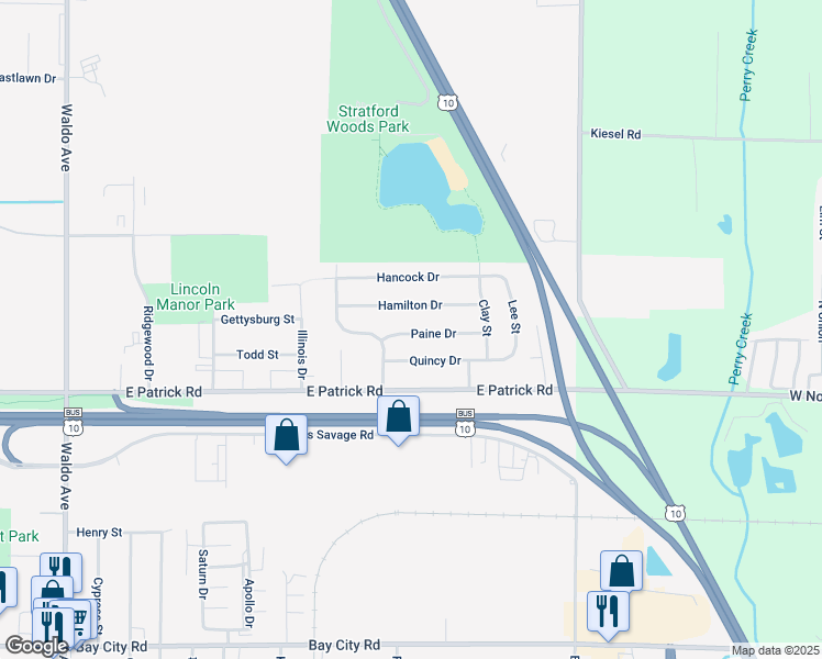 map of restaurants, bars, coffee shops, grocery stores, and more near 4317 Paine Drive in Midland
