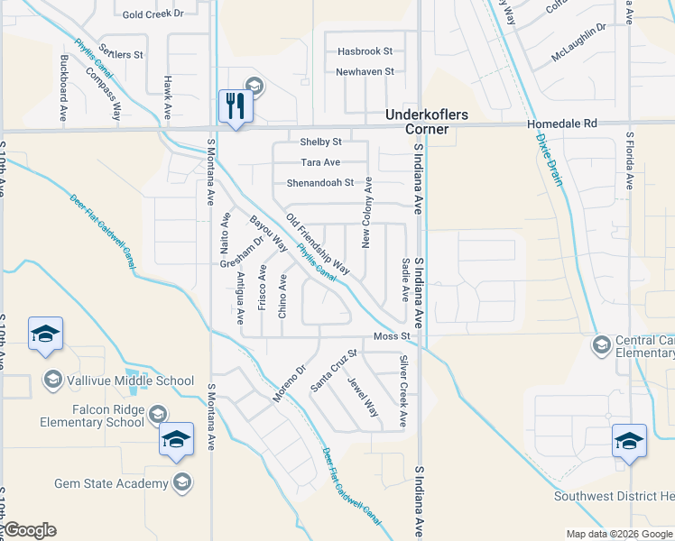 map of restaurants, bars, coffee shops, grocery stores, and more near 16675 Old Friendship Way in Caldwell