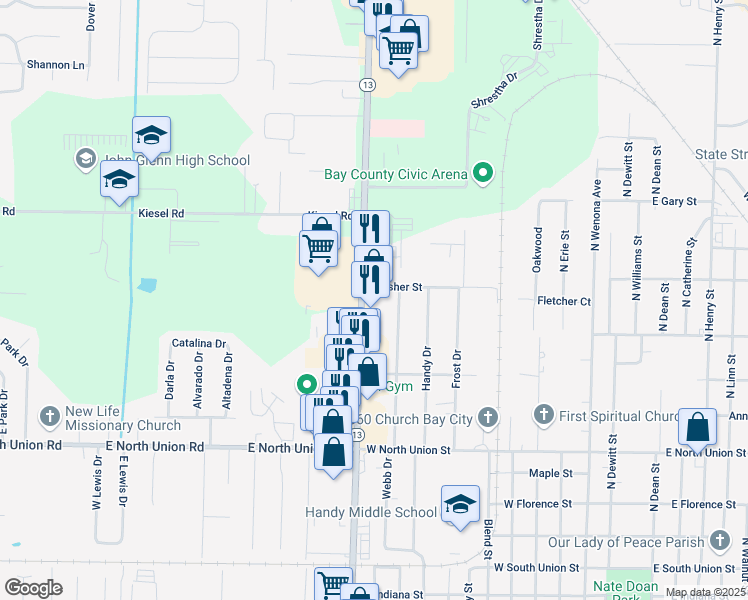 map of restaurants, bars, coffee shops, grocery stores, and more near 950 North Euclid Avenue in Bay City