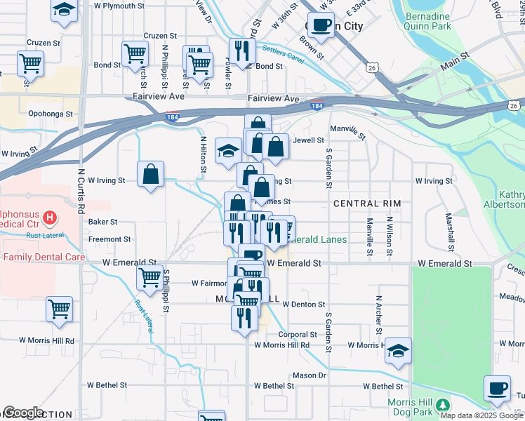 map of restaurants, bars, coffee shops, grocery stores, and more near 4910 West Gage Street in Boise