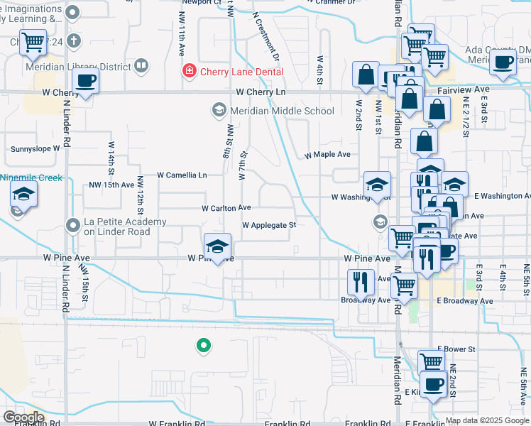 map of restaurants, bars, coffee shops, grocery stores, and more near 551 W Carlton Ave in Meridian