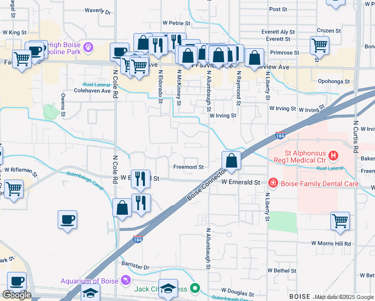 map of restaurants, bars, coffee shops, grocery stores, and more near 6939 West Preece Lane in Boise