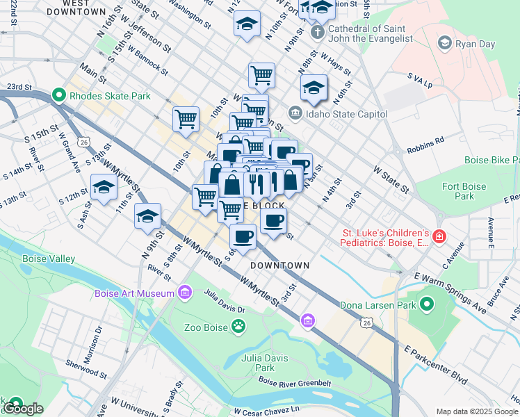map of restaurants, bars, coffee shops, grocery stores, and more near 117 S 6th St in Boise