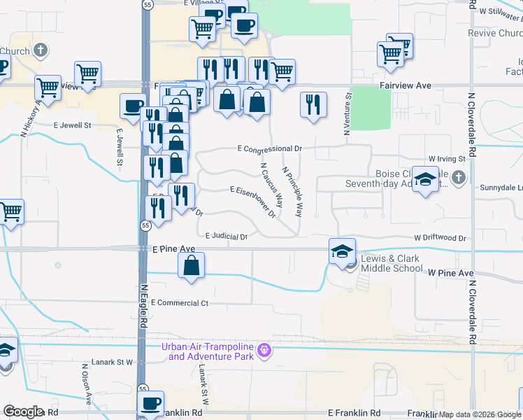 map of restaurants, bars, coffee shops, grocery stores, and more near 3791 East Eisenhower Drive in Meridian