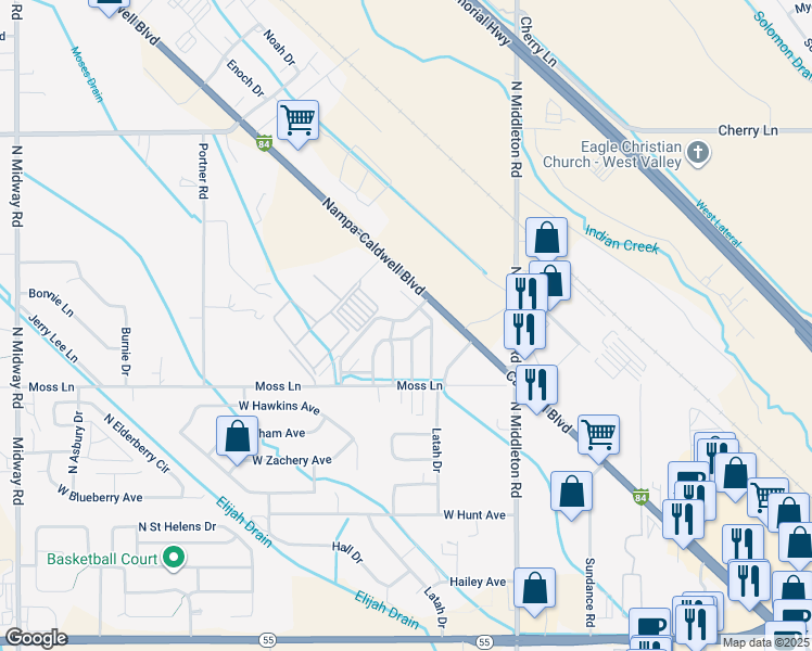 map of restaurants, bars, coffee shops, grocery stores, and more near 55 West Yellow Pine Drive in Nampa