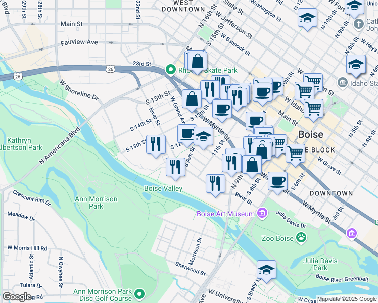 map of restaurants, bars, coffee shops, grocery stores, and more near 503 Ash Street in Boise