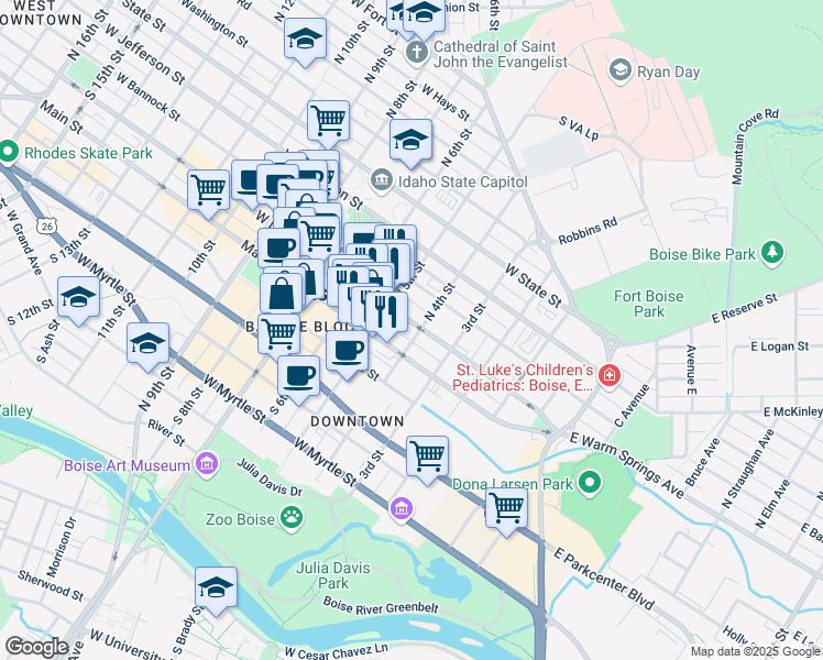 map of restaurants, bars, coffee shops, grocery stores, and more near 401 West Idaho Street in Boise