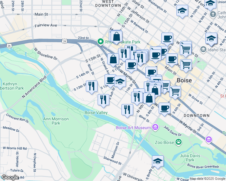 map of restaurants, bars, coffee shops, grocery stores, and more near 505 South Ash Street in Boise
