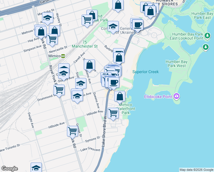 map of restaurants, bars, coffee shops, grocery stores, and more near in Toronto