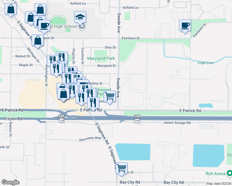 map of restaurants, bars, coffee shops, grocery stores, and more near 1415 Swede Avenue in Midland