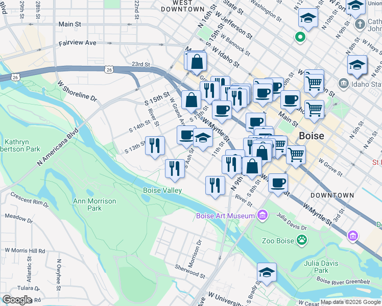 map of restaurants, bars, coffee shops, grocery stores, and more near 503 South Ash Street in Boise
