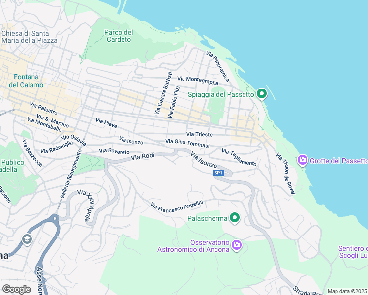 map of restaurants, bars, coffee shops, grocery stores, and more near 65 Via Isonzo in Ancona