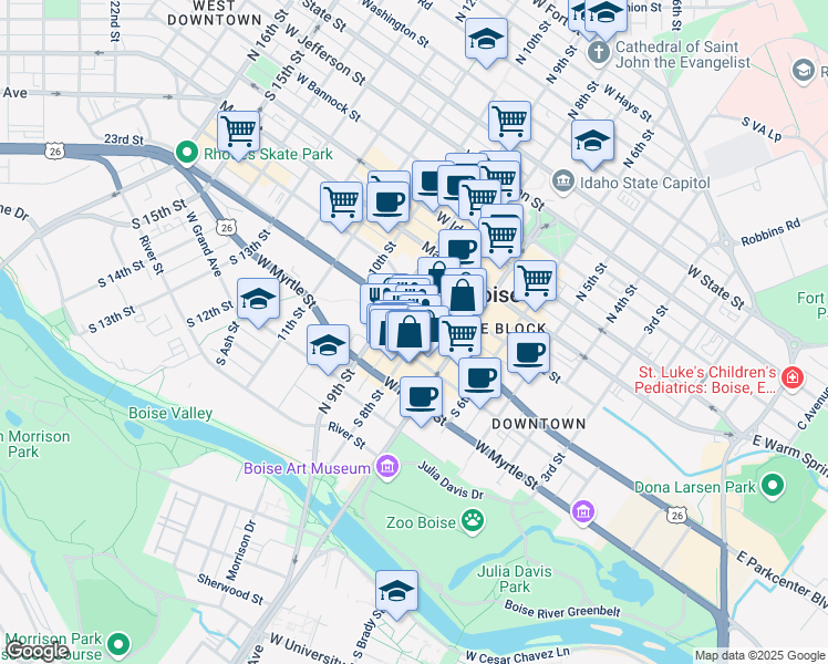 map of restaurants, bars, coffee shops, grocery stores, and more near 321 South 8th Street in Boise