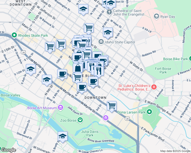 map of restaurants, bars, coffee shops, grocery stores, and more near 507 Main Street in Boise