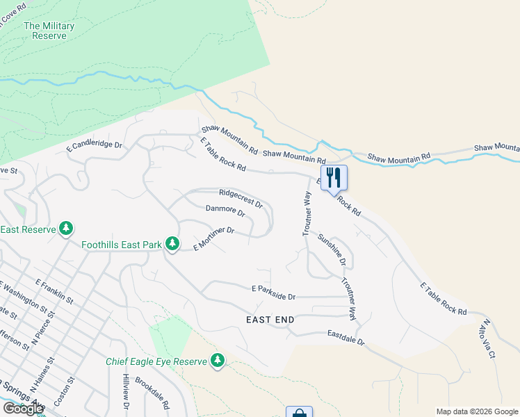 map of restaurants, bars, coffee shops, grocery stores, and more near 2101 Ridgecrest Drive in Boise